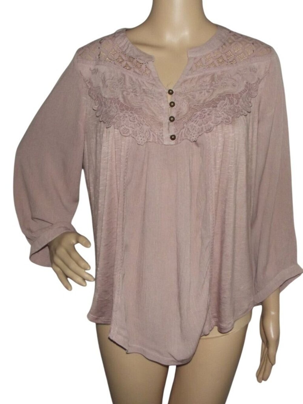 Knox Rose Blouse Womens Medium Mauve Pink lace cutout boho peasant rayon